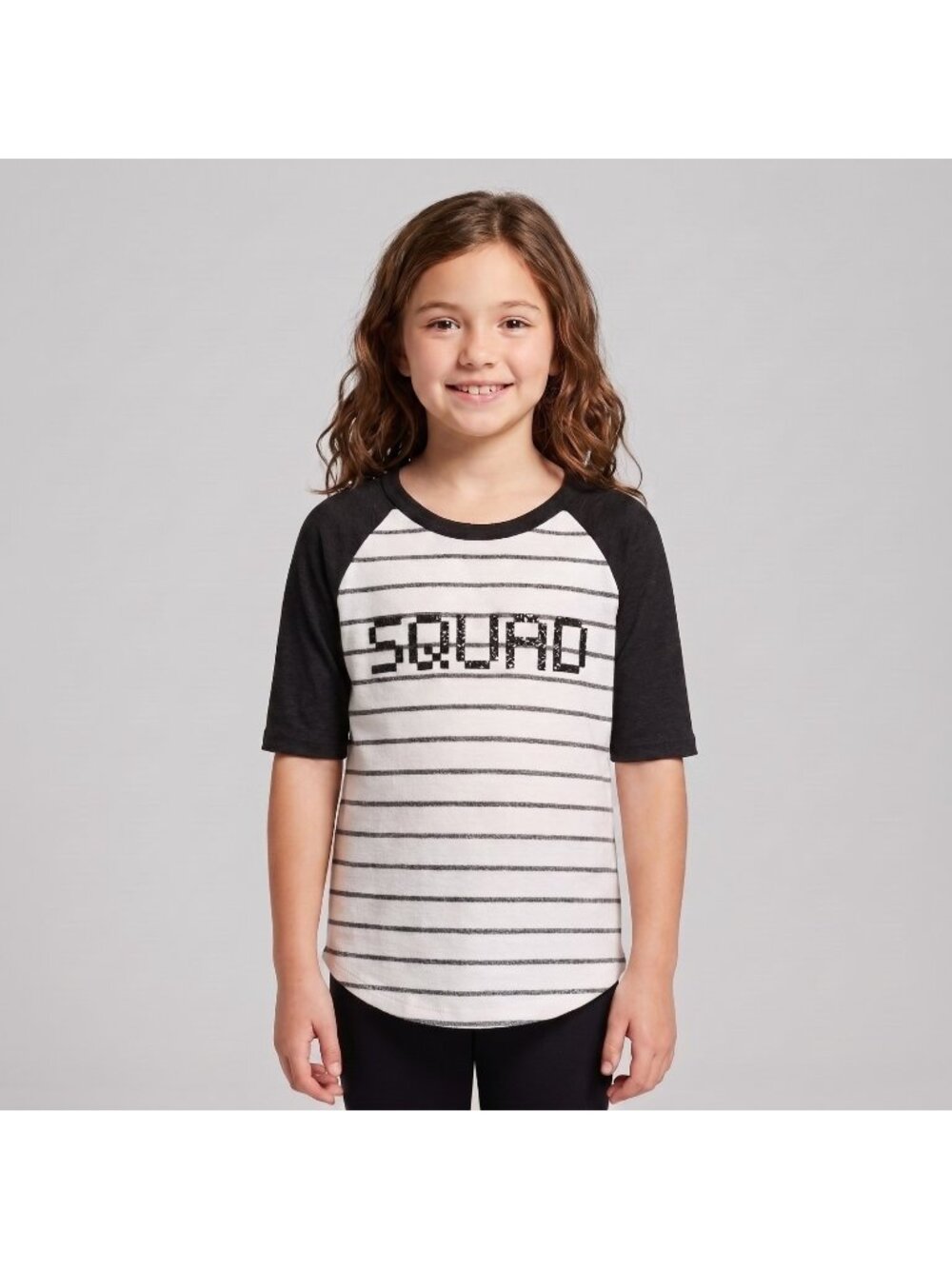 It Closet Los Angeles Girl's 'Squad' Stripe Graphic Raglan Top Shirt in size 10